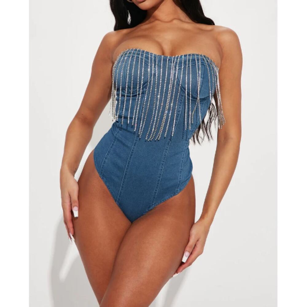 BLASHE Women's Boutique Strapless Rhinestone Fringe Denim Bodysuit Size M